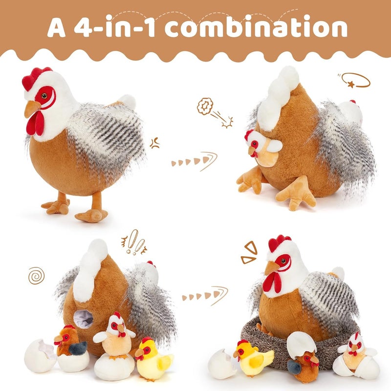 MorisMos 37 cm Chicken Giant Rooster Cuddly Toy XXL, Large Chicken Plush Toy XXL with 3 Baby in Egg, Hen Chicken in Basket, Christmas Children's Gift - Image 3