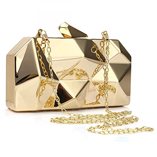 Simcat Women Geometric Lattice Pattern Metal Evening Bag Bridal Prom Crossbody Bag Party Clutch Wedding Purse with Chain (Gold) One Size - Image 2