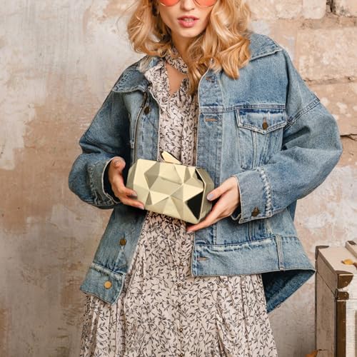 Simcat Women Geometric Lattice Pattern Metal Evening Bag Bridal Prom Crossbody Bag Party Clutch Wedding Purse with Chain (Gold) One Size - Image 3