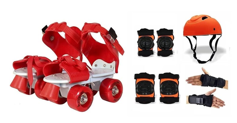 Qwick Click Roller Skates with Protective Set Guard Protection kit for Skating, Cycling, Skateboarding for Kids Age 6-15 Years with Knee, Elbow and Wrist Guards (Red-Orange) - Image 1