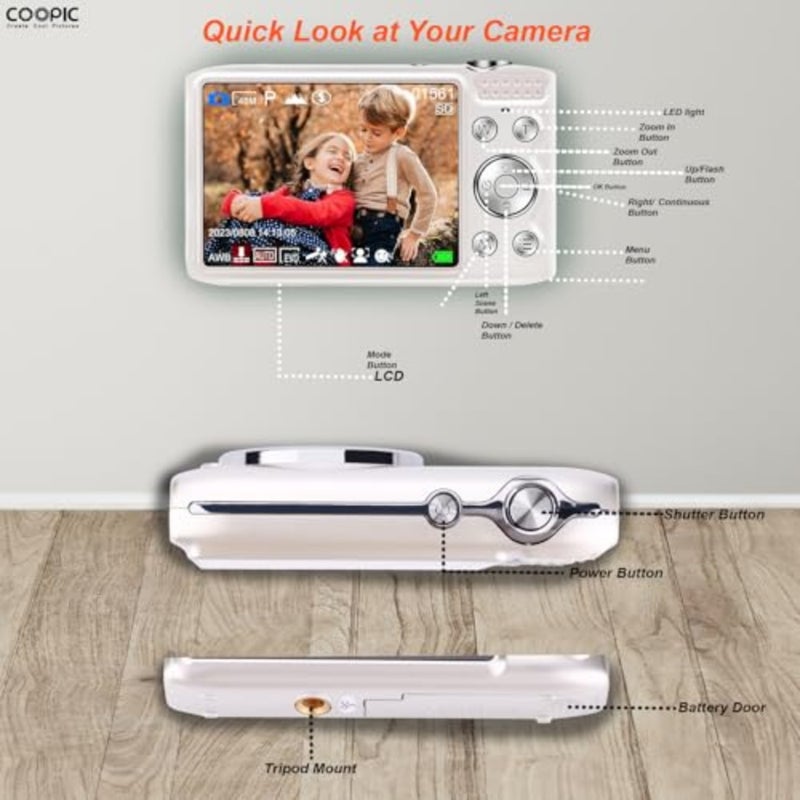 كاميرا رقمية COOPIC C600 بيضاء عالية الدقة مع بطاقة Micro SD سعة 16 جيجابايت، ودقة 58 ميجابكسل، وفيديو بدقة 4K، مثالية للسفر ومدونات الفيديو والتصوير الفوتوغرافي الإبداعي - Image 5