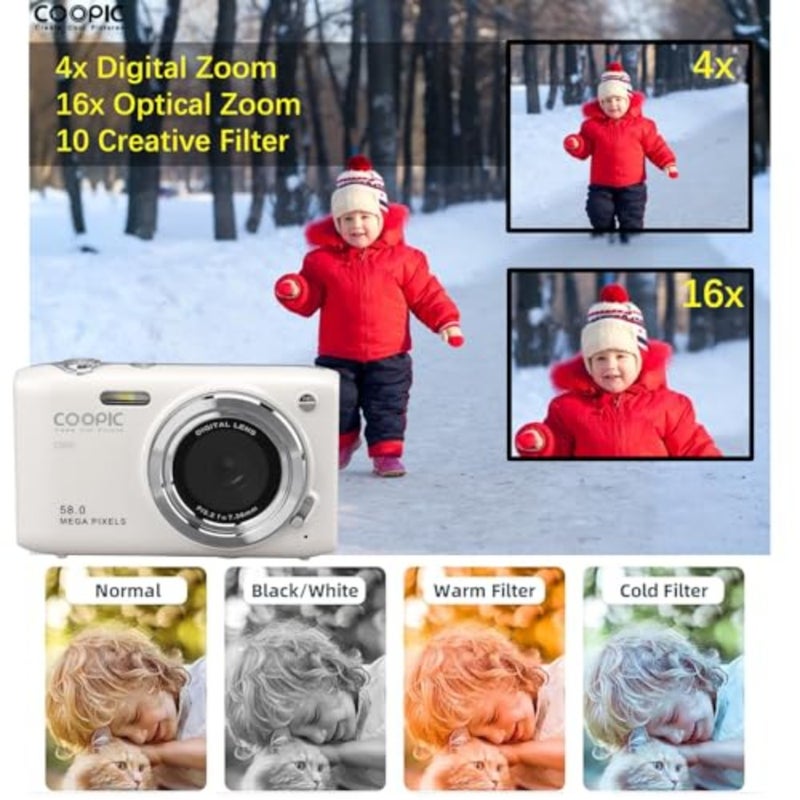 كاميرا رقمية COOPIC C600 بيضاء عالية الدقة مع بطاقة Micro SD سعة 16 جيجابايت، ودقة 58 ميجابكسل، وفيديو بدقة 4K، مثالية للسفر ومدونات الفيديو والتصوير الفوتوغرافي الإبداعي - Image 2