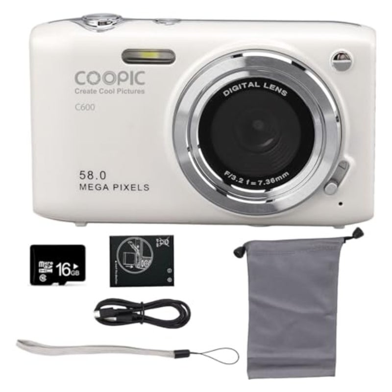 كاميرا رقمية COOPIC C600 بيضاء عالية الدقة مع بطاقة Micro SD سعة 16 جيجابايت، ودقة 58 ميجابكسل، وفيديو بدقة 4K، مثالية للسفر ومدونات الفيديو والتصوير الفوتوغرافي الإبداعي - Image 1