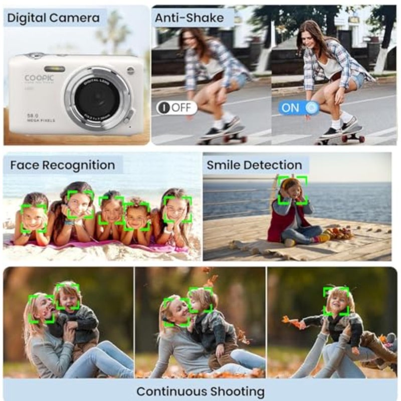 كاميرا رقمية COOPIC C600 بيضاء عالية الدقة مع بطاقة Micro SD سعة 16 جيجابايت، ودقة 58 ميجابكسل، وفيديو بدقة 4K، مثالية للسفر ومدونات الفيديو والتصوير الفوتوغرافي الإبداعي - Image 3