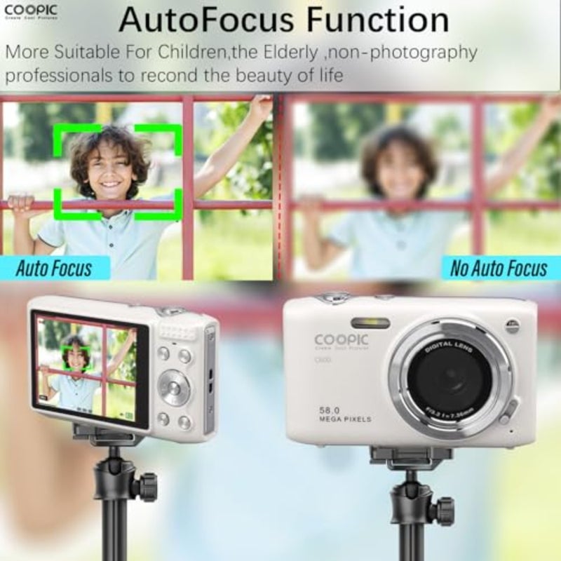 كاميرا رقمية COOPIC C600 بيضاء عالية الدقة مع بطاقة Micro SD سعة 16 جيجابايت، ودقة 58 ميجابكسل، وفيديو بدقة 4K، مثالية للسفر ومدونات الفيديو والتصوير الفوتوغرافي الإبداعي - Image 4