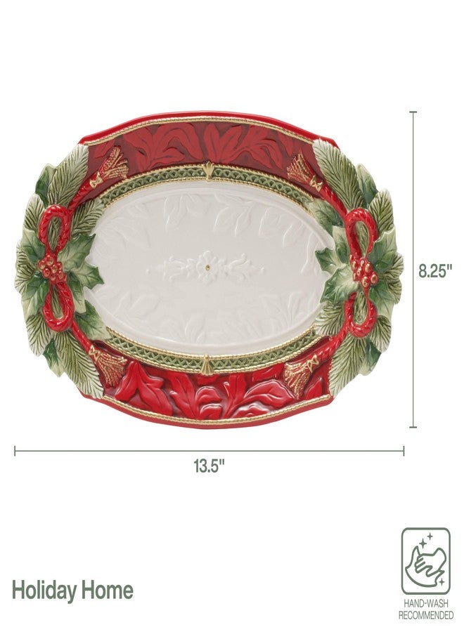 Fitz & Floyd Fitz and Floyd Holiday Home Poinsettia Trim Serving Platter, 13.5 inch, Red - Image 2