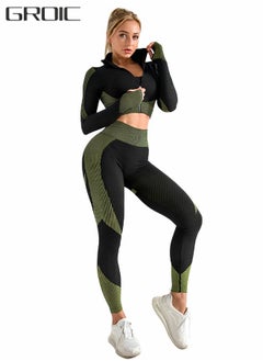 GROIC Workout Sets Women 2 Piece Legging Zip Crop Top and High Waist Leggings Seamless Yoga Outfits Clothes Tracksuit,Gym Set  - Image 1