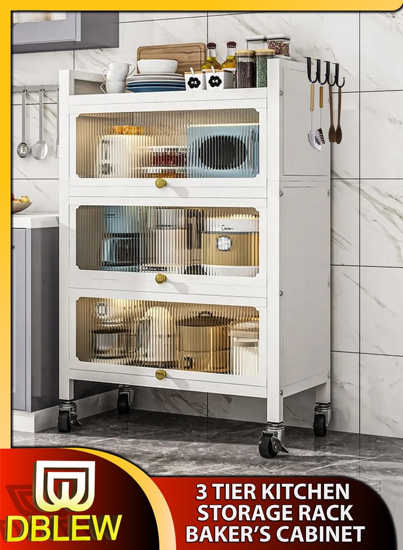 DBLEW Kitchen Storage Rack Floor Standing 3 Tier Baker's Rack Shelves Elegant Flip Up Acrylic Doors for Kitchen Dining Living Bed Room Organizer Shelf Pantry Cabinet - Image 1