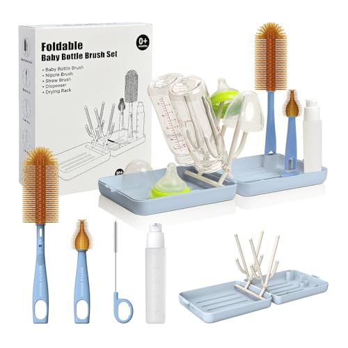 YOTIME Travel Bottle Brush, Travel Bottle Cleaner Kit with Foldable Bottle Drying Rack, for Visit Friends and Relations, Baby Travel Essentials, BPA Free, Blue - Image 1