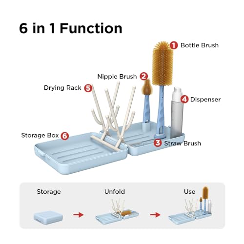 YOTIME Travel Bottle Brush, Travel Bottle Cleaner Kit with Foldable Bottle Drying Rack, for Visit Friends and Relations, Baby Travel Essentials, BPA Free, Blue - Image 3