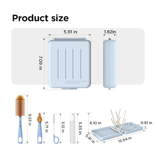 YOTIME Travel Bottle Brush, Travel Bottle Cleaner Kit with Foldable Bottle Drying Rack, for Visit Friends and Relations, Baby Travel Essentials, BPA Free, Blue - Image 2