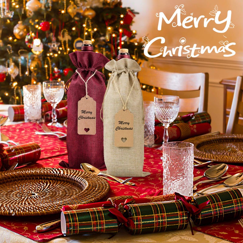 Aoonby Burlap Wine Bags Wine Gift Bags, 12 Pcs Christmas Wine Bottle Bags with Drawstrings, Tags & Ropes, Reusable Holiday Wine Bottle Covers for Christmas Wedding Birthday Travel Party Housewarming Storage - Image 2