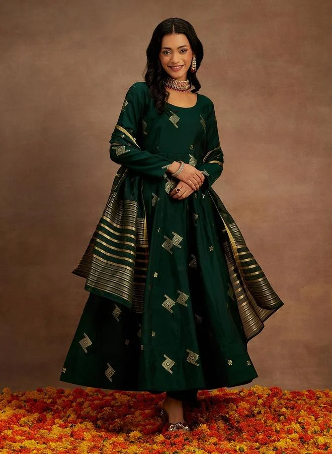 لباس Green Self Design Silk Blend Anarkali Kurta, Palazzos and Dupatta Set