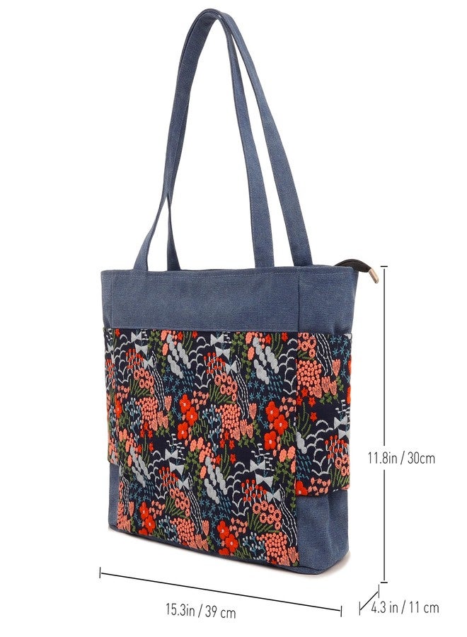 SILKAREA Embroidered Large Canvas Tote Bag for Women with Zipper Handmade Vintage Handbag Shoulder Bag (Blue Flower) - Image 3