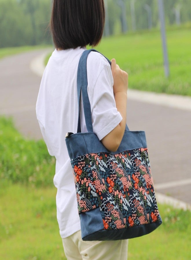 SILKAREA Embroidered Large Canvas Tote Bag for Women with Zipper Handmade Vintage Handbag Shoulder Bag (Blue Flower) - Image 2