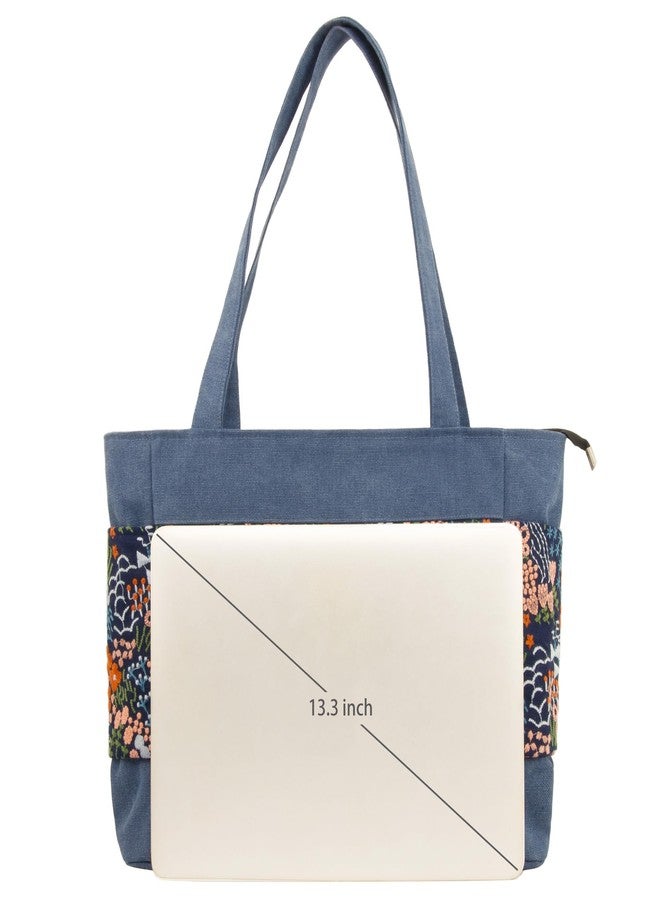 SILKAREA Embroidered Large Canvas Tote Bag for Women with Zipper Handmade Vintage Handbag Shoulder Bag (Blue Flower) - Image 5