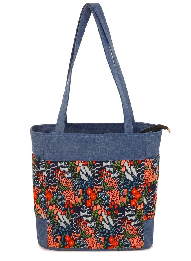 SILKAREA Embroidered Large Canvas Tote Bag for Women with Zipper Handmade Vintage Handbag Shoulder Bag (Blue Flower) - Image 1
