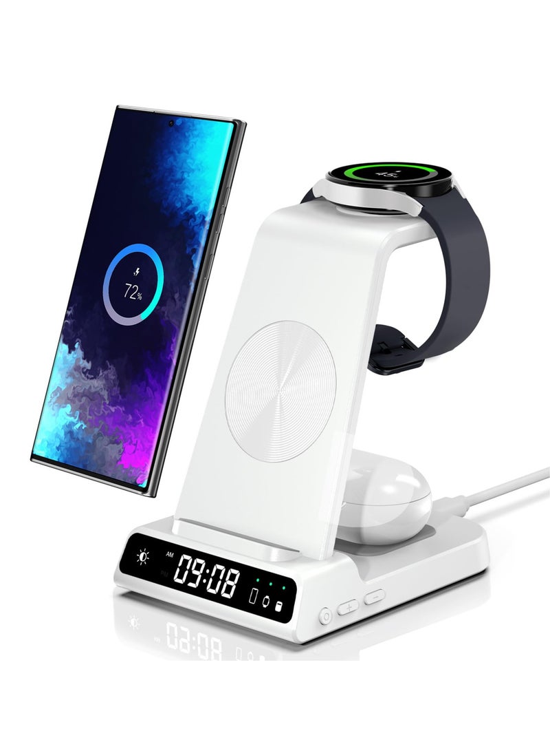 Arabest Wireless Charger for Samsung, 3 in 1 Charging Station with Clock Samsung Galaxy S22/S21/Z Flip/4 Fold 4, Watch 5 Pro/5 4/3/Active 2/1, Buds 2 Pro, White (XF-C01), USB - Image 1