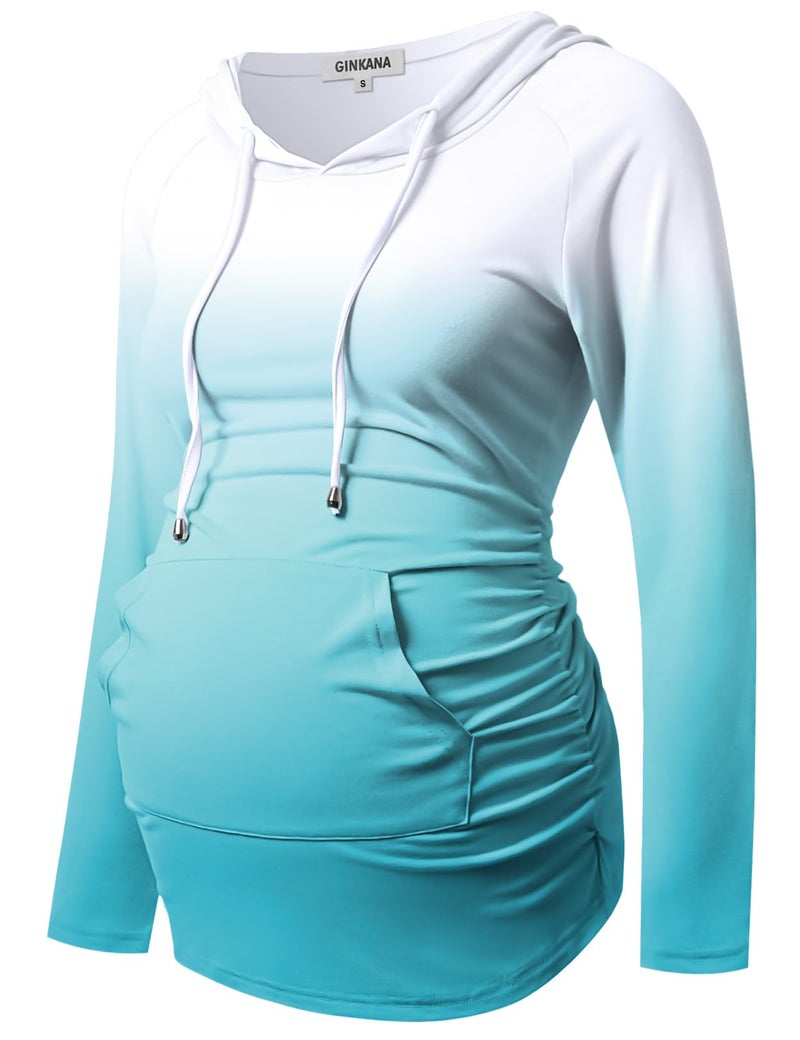 GINKANA Maternity Long Sleeve Hooded Sweatshirt Lightweight Maternity Casual Hoodie Long Sleeve Tunic Top,Gradient Blue,L - Image 1