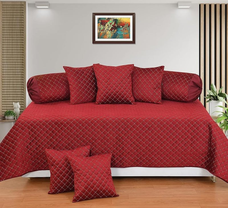 Hardeep Hardeep Velvet Touch Chenille Diwan Bedsheet Set of 8 Pieces for Living Room Dining Hall 1 Single Bedsheet 5 Cushion Covers 2 Bolster Set of 8 Maroon  - Image 1