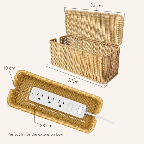 Soko Woven Faux Rattan Cable Management Box| Cord Hider with Lid, 2 Open Slots Surge Protector | Power Strips, Router, TV, Gadget Wires Organizer Tray for Desktop, Table-Home, Office (Large) Natural - Image 5