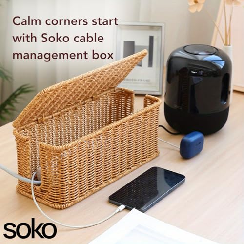 Soko Woven Faux Rattan Cable Management Box| Cord Hider with Lid, 2 Open Slots Surge Protector | Power Strips, Router, TV, Gadget Wires Organizer Tray for Desktop, Table-Home, Office (Large) Natural - Image 4