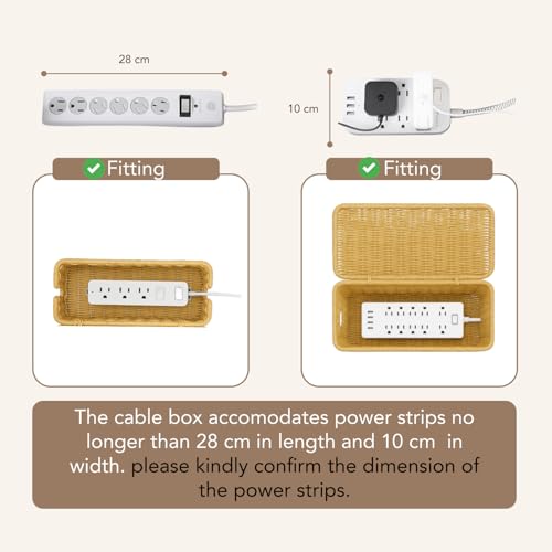Soko Woven Faux Rattan Cable Management Box| Cord Hider with Lid, 2 Open Slots Surge Protector | Power Strips, Router, TV, Gadget Wires Organizer Tray for Desktop, Table-Home, Office (Large) Natural - Image 3
