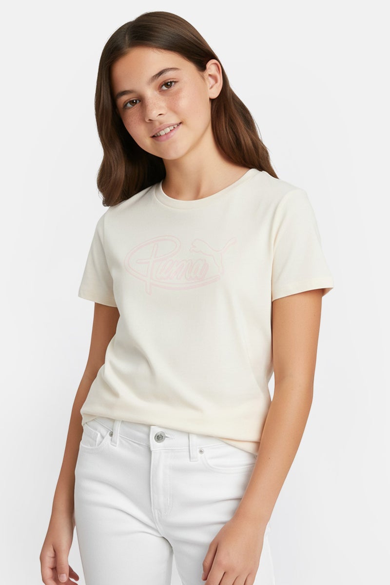 PUMA Kids Girl Sportswear Fit Short Sleeve Outdoor T-Shirt, Beige - Image 1