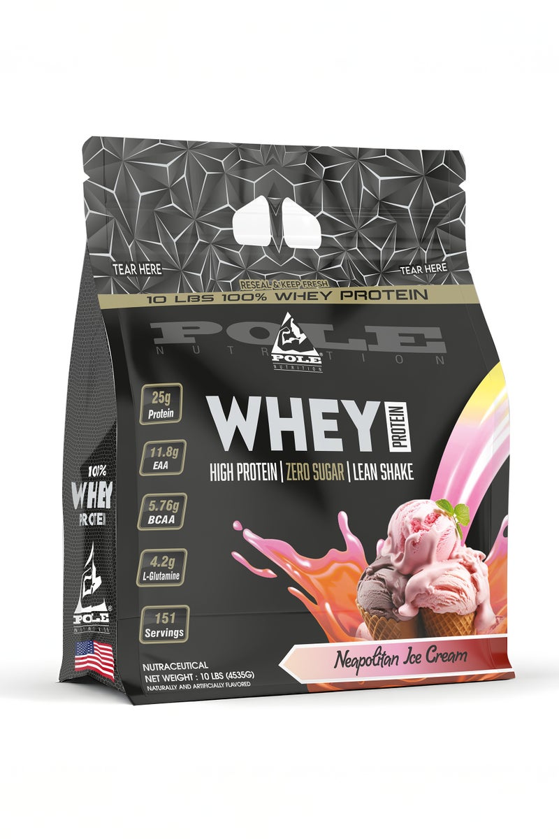 POLE NUTRITION 100% Whey Protein 10 lbs (4.53kg) - High Protein Lean Shake with Zero Sugar (Neapolitan Ice Cream) - Image 1