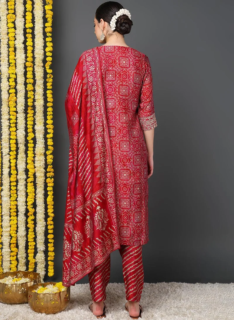 ZERESOUQ Maroon Polyester Ethnic Motifs Printed Straight Kurta Trouser With Dupatta