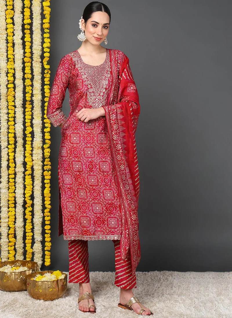 ZERESOUQ Maroon Polyester Ethnic Motifs Printed Straight Kurta Trouser With Dupatta