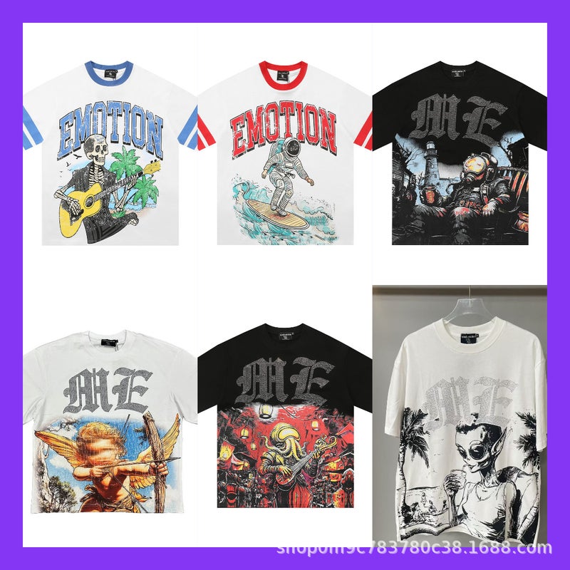 American Street Fashion Brand Mixed Emotion Diamond Letter Creative Printed T-Shirt West Coast Hip-Hop Short-Sleeved Summer - Image 2