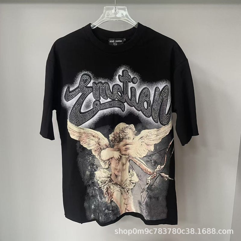 American Street Fashion Brand Mixed Emotion Diamond Letter Creative Printed T-Shirt West Coast Hip-Hop Short-Sleeved Summer - Image 4