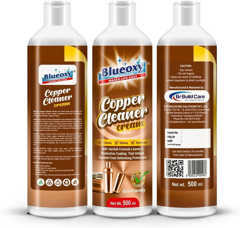 BLUEOXY Copper & Brass Cleaner Cream | Tarnish Remover | Cleaner & Polish with Corrosion Inhibitor | Brass Tarnish Remover | 500 ML - Image 4