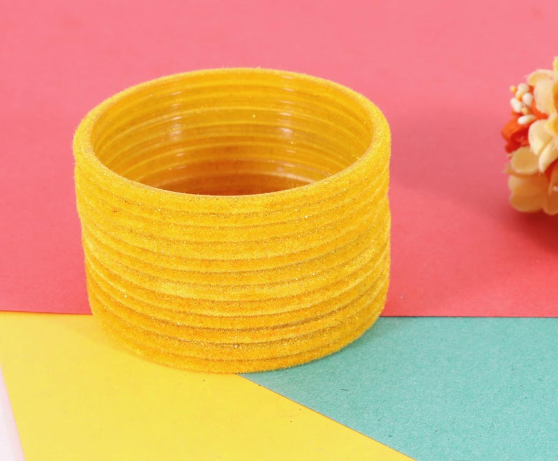 NMII Glass Velvet Bangles Set For Women and Girls | Plain Glass Bangles | Velvet Chudi | Simple Bangles For Women | Kaanch ki Chudi | Stylish Glass bangles- Set of 24, (Glass Velvet-Yellow-2.8) - Image 5