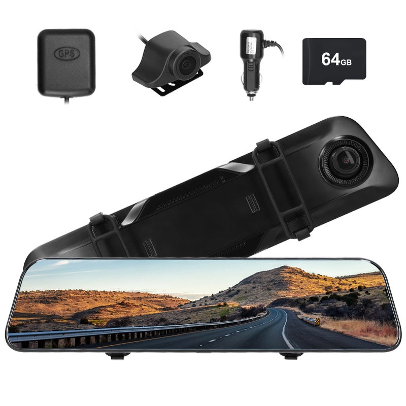 12 Inch 4K Mirror Dash Camera Full Touchscreen Stream Media Dash Cam Front & Rear Dual Camera Built-in WiFi with GPS and 64G Memory Card Support Night-Vision/Parking Monitoring/Collision Locking/Loop Recording/Reversing Image - Image 1