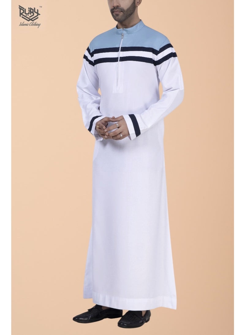 RUBY ISLAMIC CLOTHING MENS Elegant Saudi | Qatari |White & Sky Blue Designer Thobe for Men - Image 1