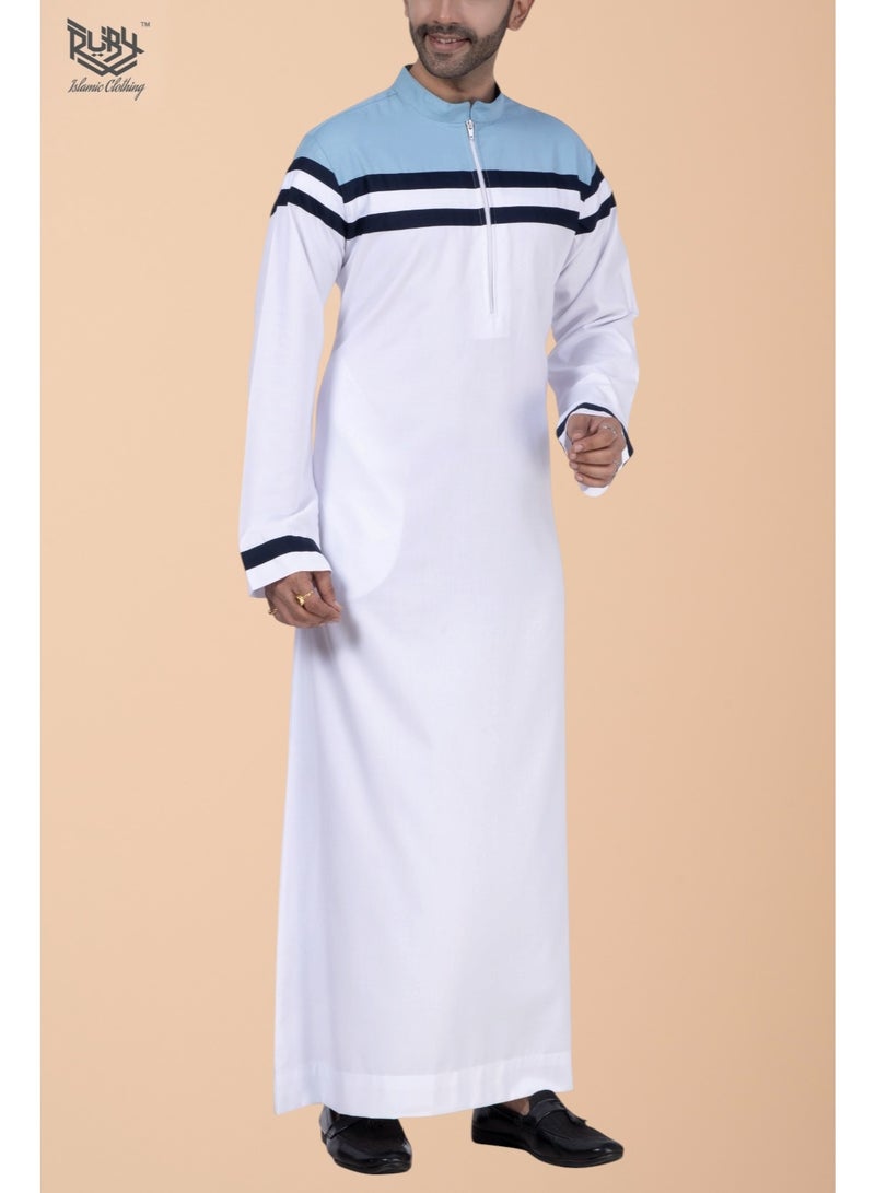 RUBY ISLAMIC CLOTHING MENS Elegant Saudi | Qatari |White & Sky Blue Designer Thobe for Men - Image 2