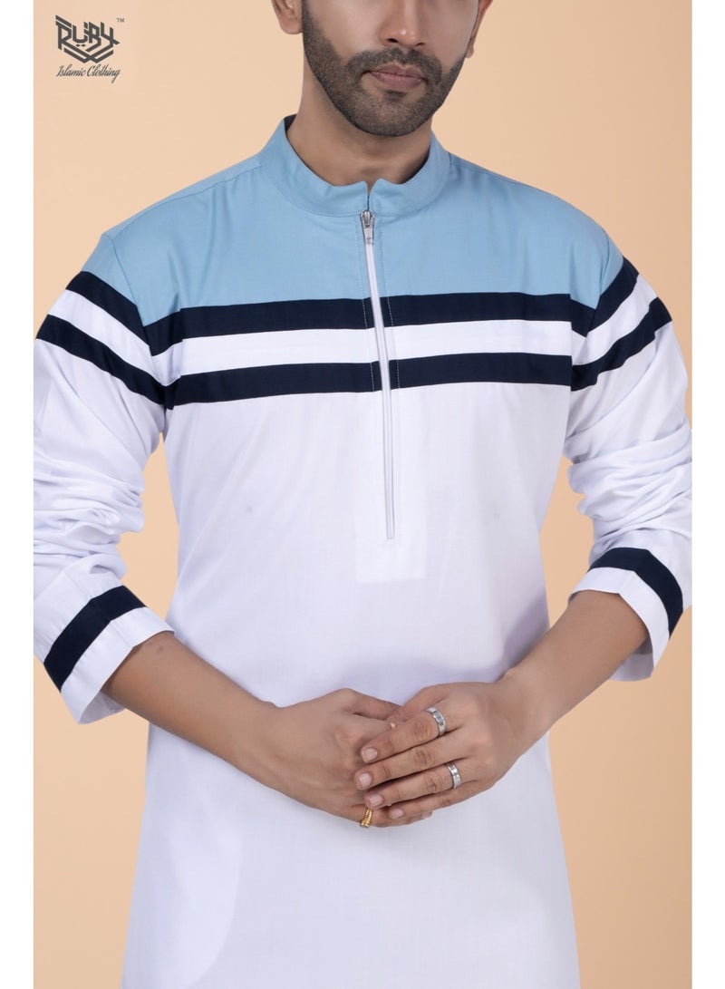 RUBY ISLAMIC CLOTHING MENS Elegant Saudi | Qatari |White & Sky Blue Designer Thobe for Men - Image 3