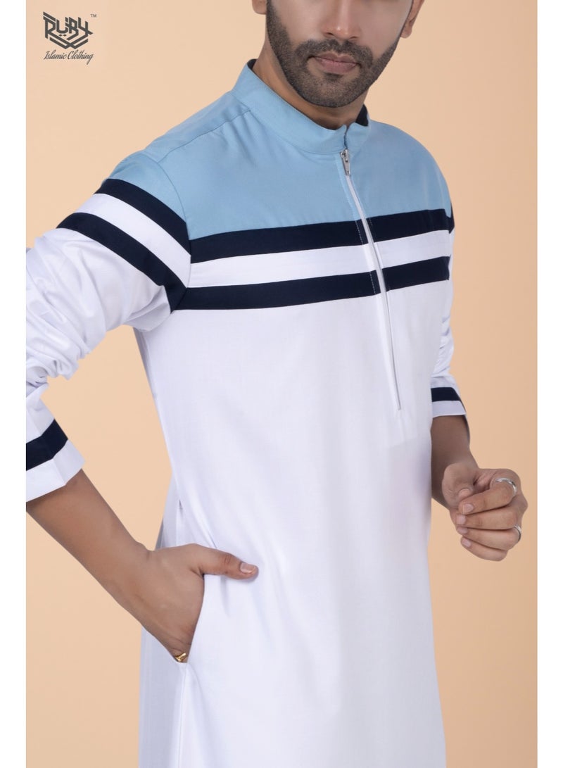 RUBY ISLAMIC CLOTHING MENS Elegant Saudi | Qatari |White & Sky Blue Designer Thobe for Men - Image 4