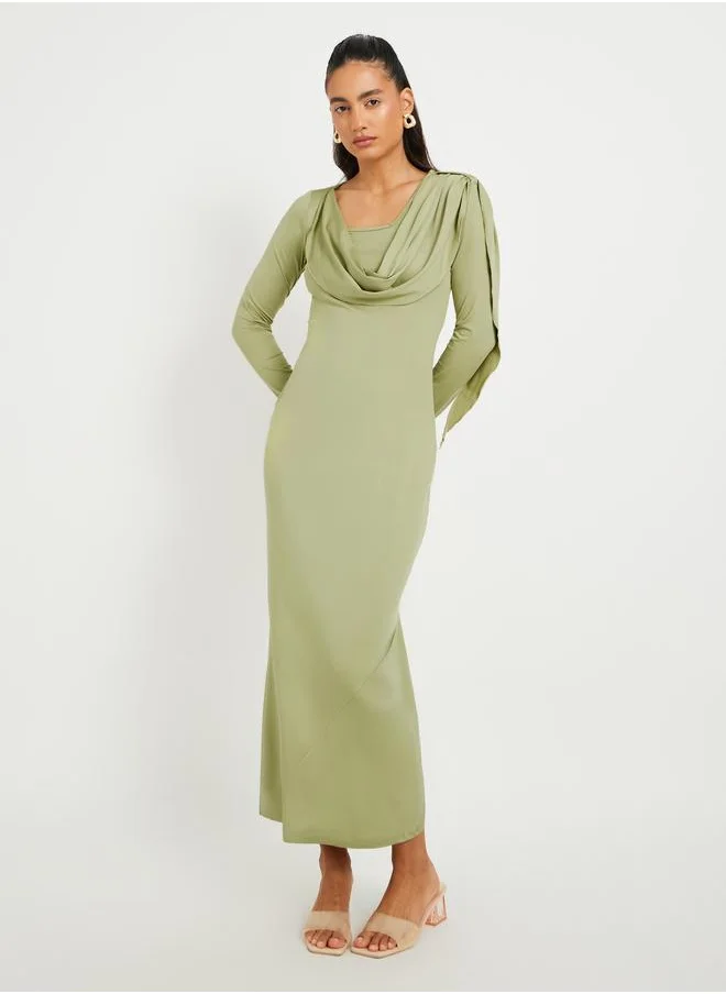 تايك تو Take Two Women Green Solid Long Sleeves Sheath Midi Dress with Gathered Overlay