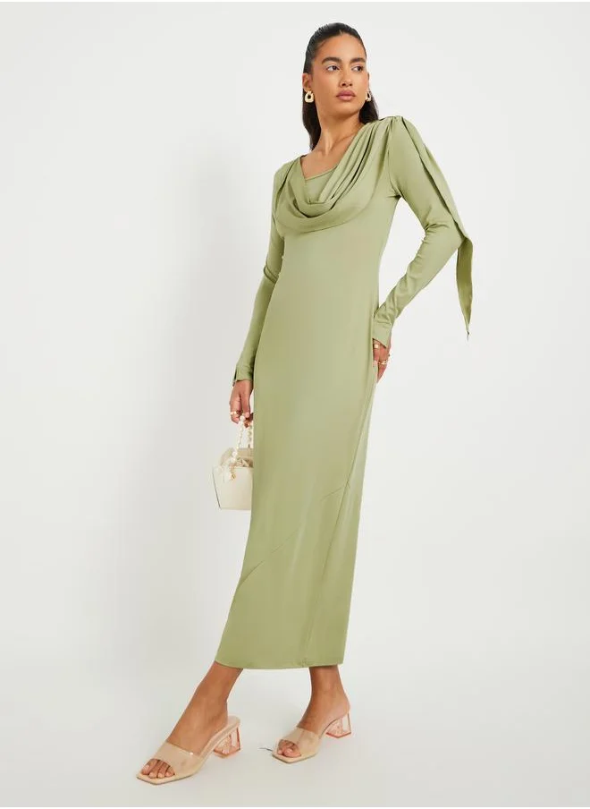 تايك تو Take Two Women Green Solid Long Sleeves Sheath Midi Dress with Gathered Overlay