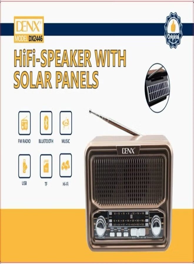 Denx Rechargeable Radio, Portable Radio AM FM Transistor with Best Sound, Solar/Battery Operated Radio, Support TF Card/USB Playing DX2446 