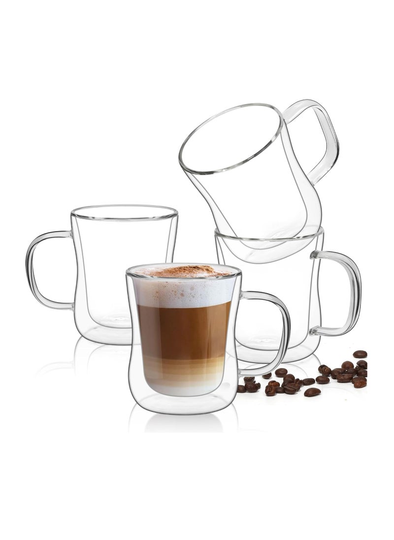 TYCOM Double Walled Glass Coffee Mugs 300ml, 4 Packs Thermal Insulated Borosilicate Glass Cups with Handle for Tea, Coffee, Latte, Cappuccino, Hot and Cold Drinks Beverages （300ml 4pcs）  - Image 1