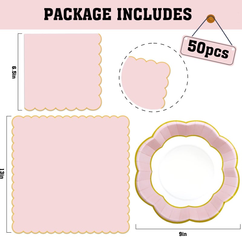 VEIZEDD 100Pcs Pink Party Supplies Include Pink Paper Plates and Napkins Severs 50 Guests Easter Plates for Baby Showers Birthday Wedding Tea Party Mother's Day - Image 2