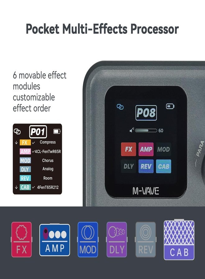 ام- فيفي دواسة تأثيرات M-VAVE Pocket AMP للجيتار والبيس، 6 وحدات، أكثر من 80 إعدادًا مسبقًا مدمجًا، تأثيرات صوتية: كورَس، تأخير، صدى، تعديل IR CAB، تريمولو، ستيريو TRS، واجهة صوت USB من النوع C، خاصية LOOPBACK، قابلة للتسجيل - Image 2