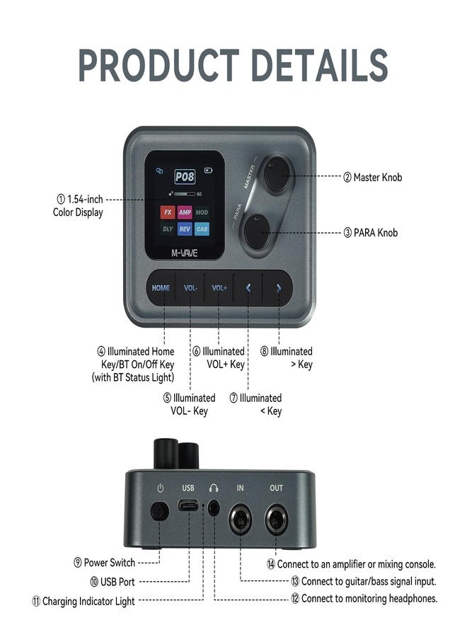 ام- فيفي دواسة تأثيرات M-VAVE Pocket AMP للجيتار والبيس، 6 وحدات، أكثر من 80 إعدادًا مسبقًا مدمجًا، تأثيرات صوتية: كورَس، تأخير، صدى، تعديل IR CAB، تريمولو، ستيريو TRS، واجهة صوت USB من النوع C، خاصية LOOPBACK، قابلة للتسجيل - Image 3