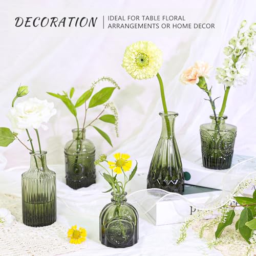 SUPMIND Glass Bud Vase Set of 5, Green Small Flower Vases for Centerpieces in Bulk, Mini Vintage Vase for Rustic Wedding, Home,Table Decoration - Image 5