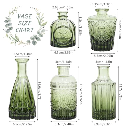 SUPMIND Glass Bud Vase Set of 5, Green Small Flower Vases for Centerpieces in Bulk, Mini Vintage Vase for Rustic Wedding, Home,Table Decoration - Image 2