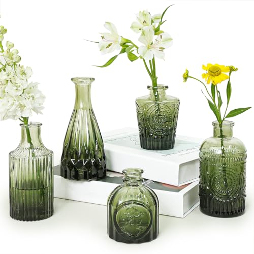 SUPMIND Glass Bud Vase Set of 5, Green Small Flower Vases for Centerpieces in Bulk, Mini Vintage Vase for Rustic Wedding, Home,Table Decoration - Image 1